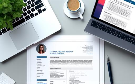A professional resume and a laptop showing a LinkedIn profile.